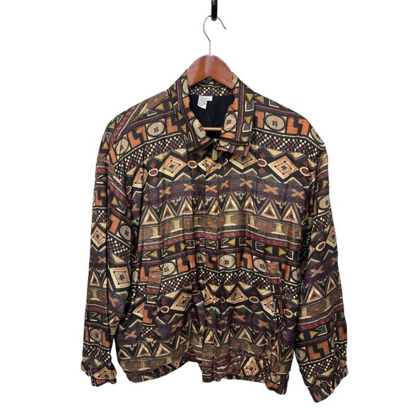 CoAco Vintage Silk Bomber Jacket L – Unisex Tribal Aztec Print Zip Up - Picture 4 of 12